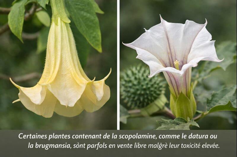 datura scopolamine Certaines plantes contenant de la scopolamine, comme le datura ou la brugmansia, sont parfois en vente libre malgré leur toxicité élevée.
