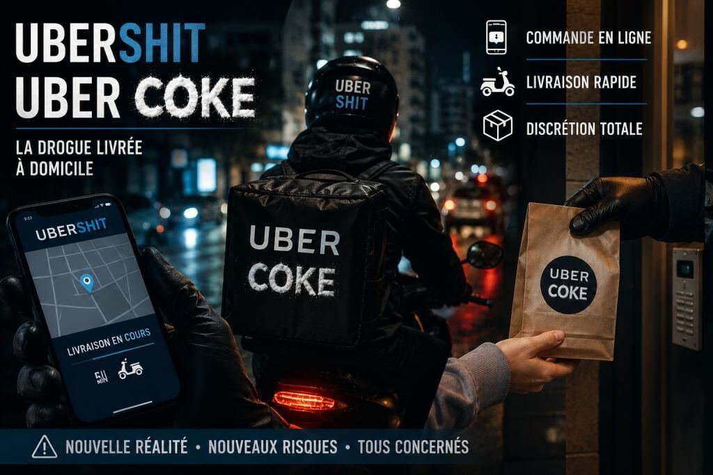 Livreur à scooter et sac à dos de livraison, symbole de l'ubérisation du trafic de drogue